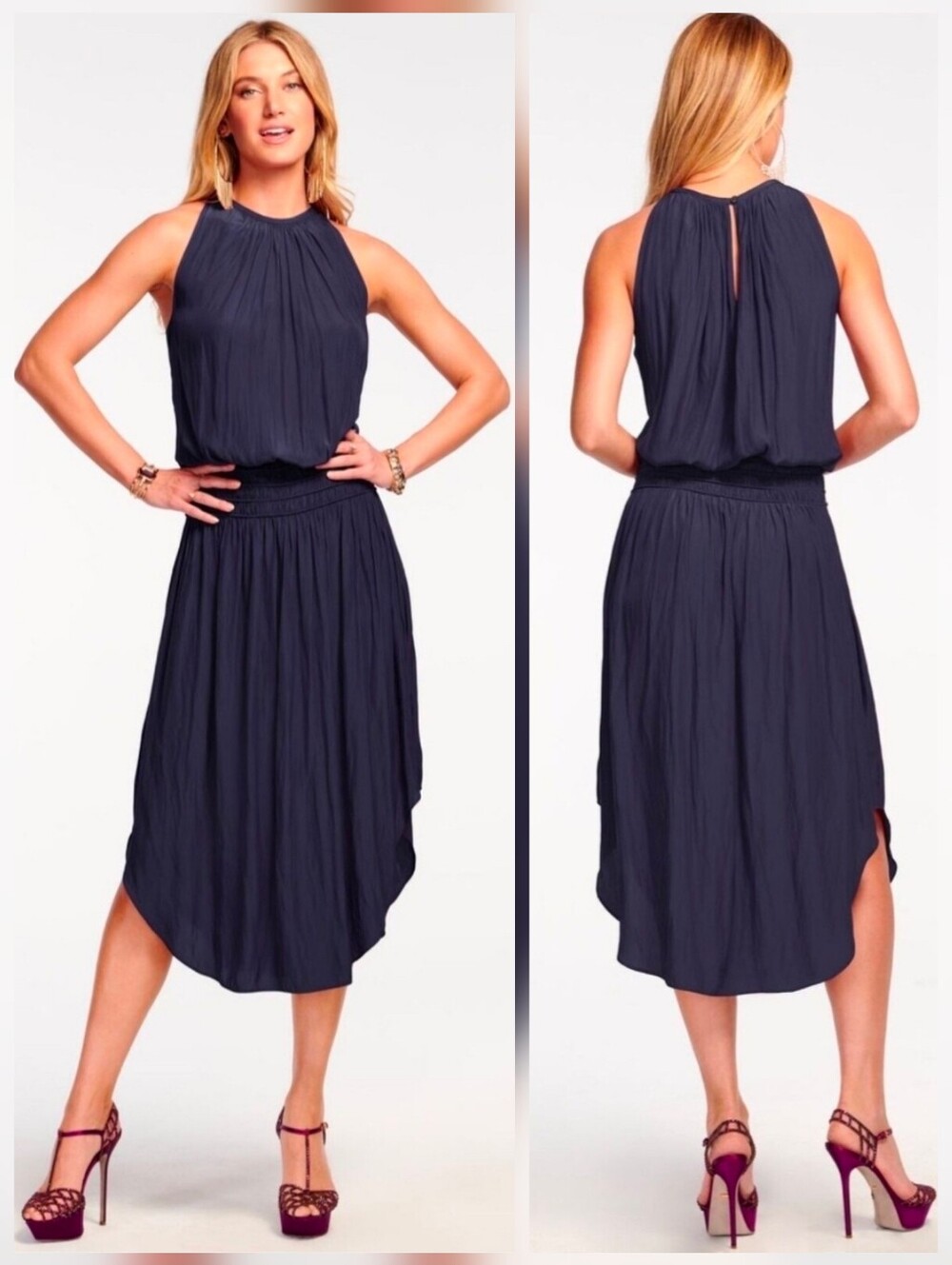 ❤️ RAMY BROOK AUDREY SILKY BLOUSON MIDI DRESS, NAVY BLUE, XS